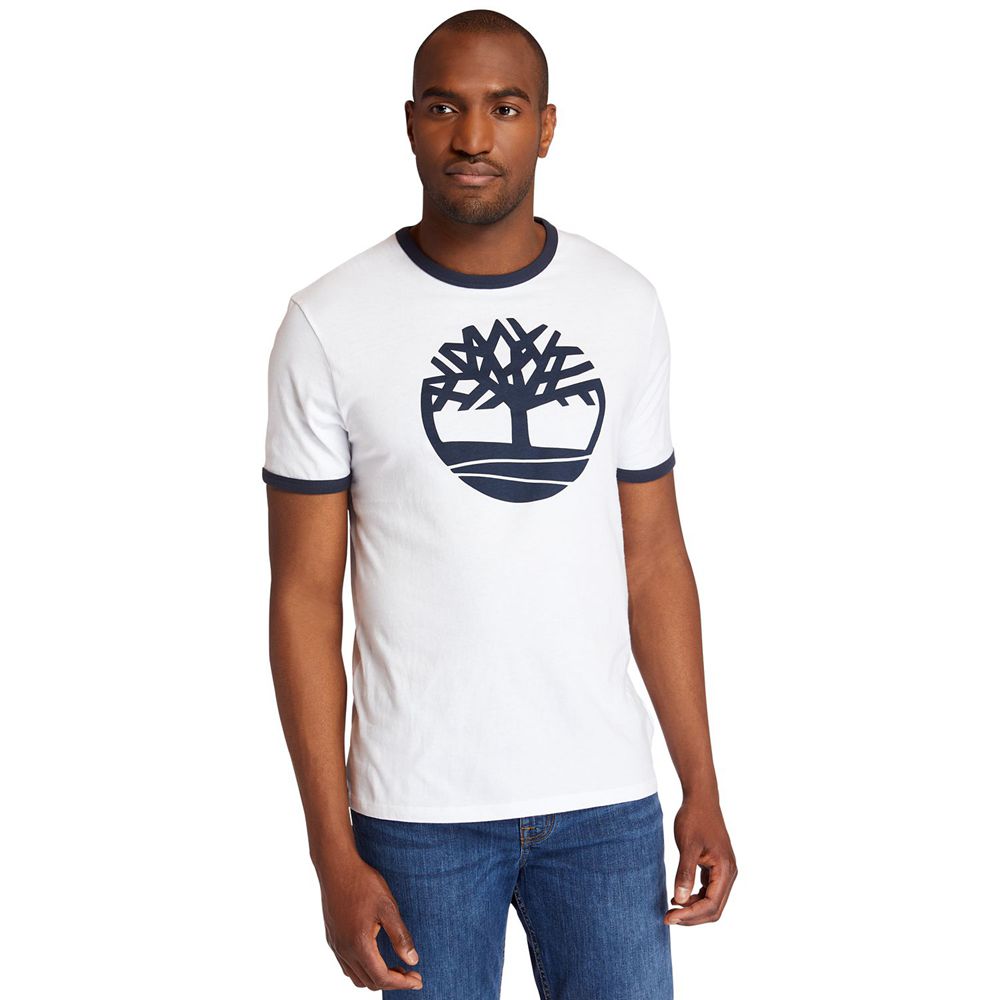 Timberland Mens T-Shirts Tree Logo Ringer - White - India CQ9026548